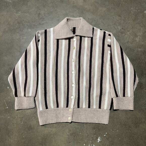 Vintage 60s Bulky Knit Brown Striped Collared Cardigan - Picture 1 of 3